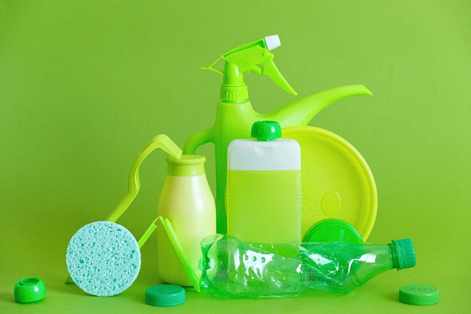 Eco friendly cleaning supplies arranged neatly